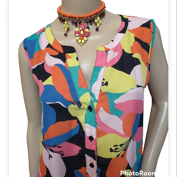 Spense High/Low Button Down Bright Floral Sleeveless Top - Picture 3 of 8